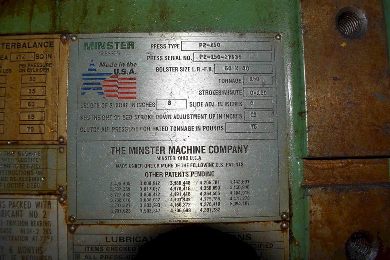 150 Ton Minster P2-150 High Speed Straight Side Press, 60" x 40" BA, 6" STR, 4" ADJ, 23" SH, 0-120 SPM Vari