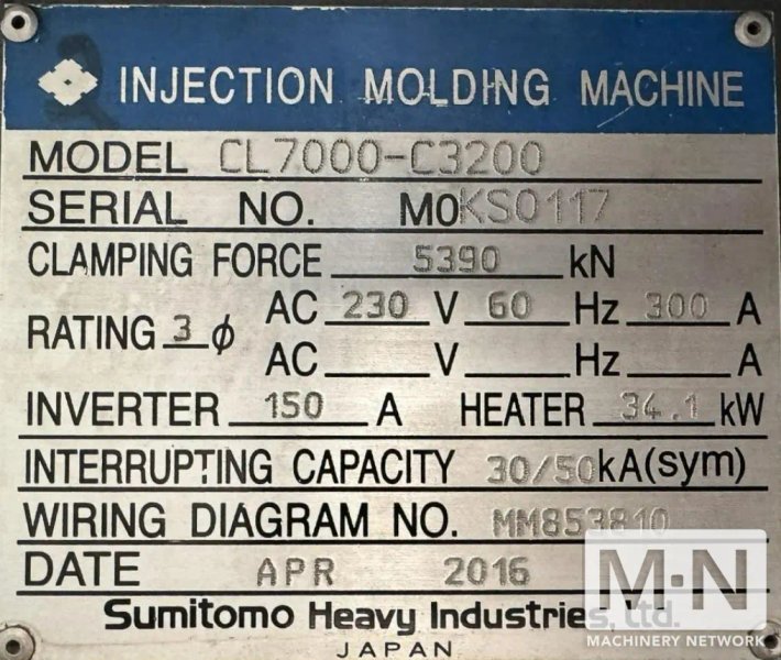 605 TON 61 OZ OR 32.7 OZ . SUMITOMO MODEL CL7000-C3200 ELECTRIC INJECTION MOLDING MACHINE MFG 2016/2015 (2) AVAILABLE