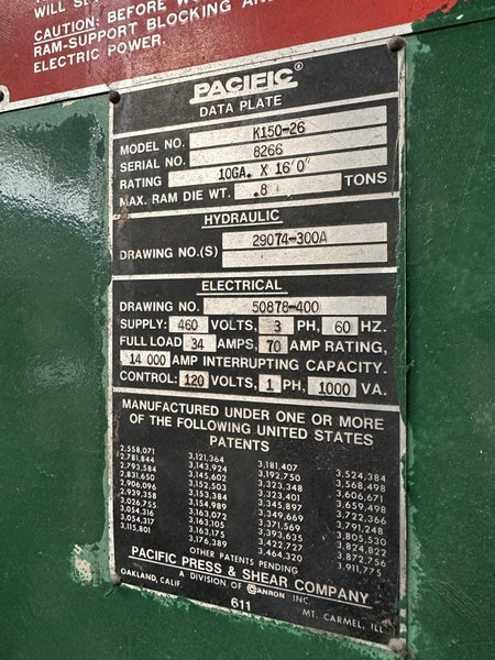 150 TON X 26' PACIFIC MODEL #K150-26-"TRIM" HYDRAULIC PRESS BRAKE: STOCK #18605