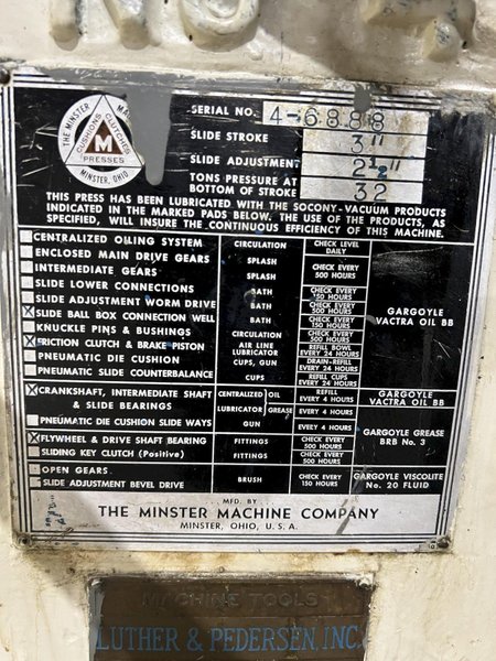 32 TON MINSTER MODEL #4 OBI PRESS, 3" STROKE: STOCK #20189