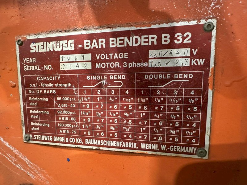 1-1/4" STEINWEG MODEL #B32 REBAR, ROD &amp; BAR ROTARY BENDER: STOCK #18763