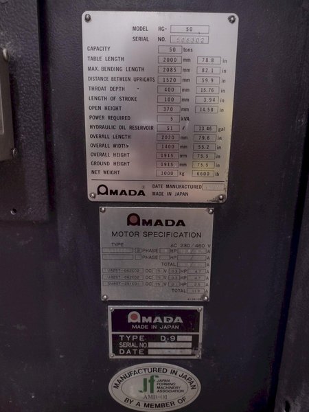 50 TON x 6' AMADA MODEL #RG50 HYDRAULIC PRESS BRAKE NC9-EX CONTROL, 1987: STOCK #19273