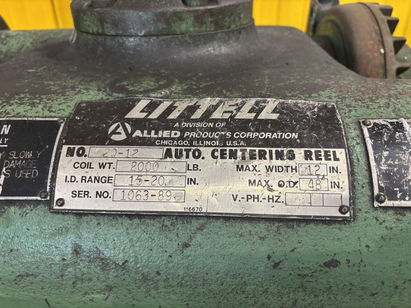 2,000 LBS X 12" LITTELL MODEL #20-12 DOUBLE END PULL OFF UNCOILER COIL REEL: STOCK #23712