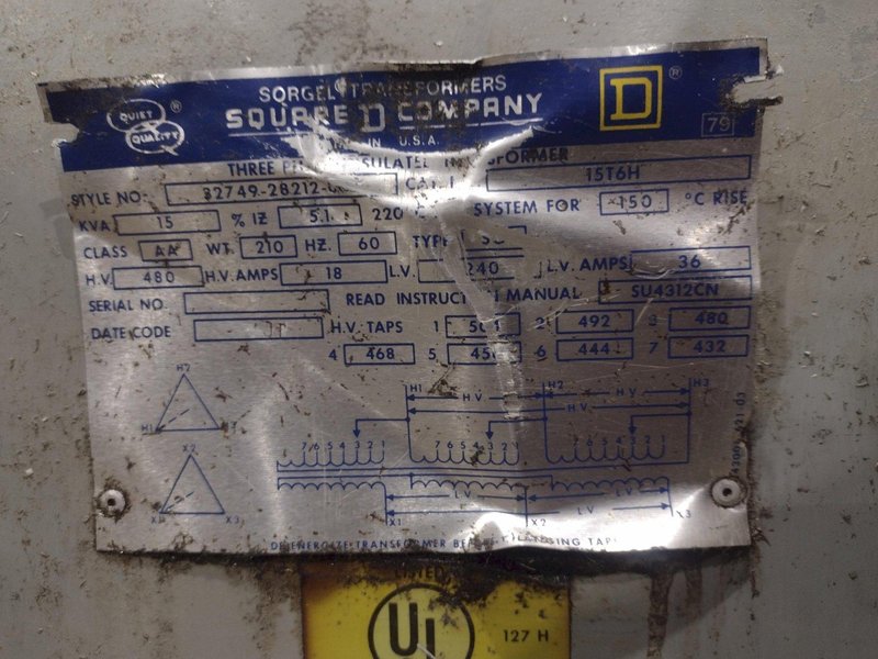 15 KVA SQUARE D 480-240 VOLT ELECTRICAL TRANSFORMER: YOBRO #24043