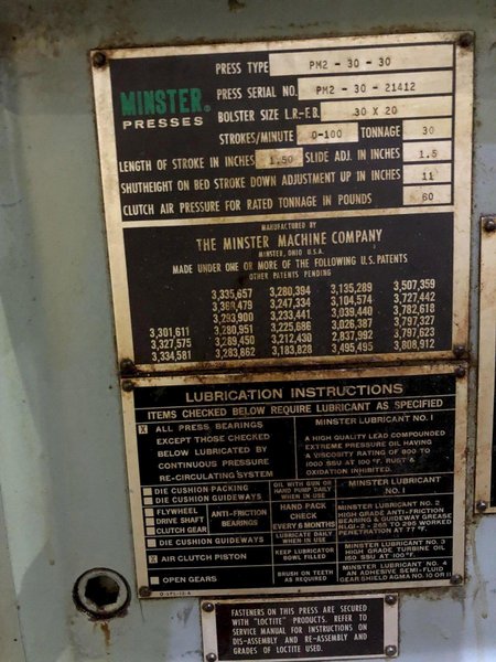 30 TON MINSTER MODEL PM2-30-30 SSDC PRESS, 1.5" STROKE: STOCK #13132