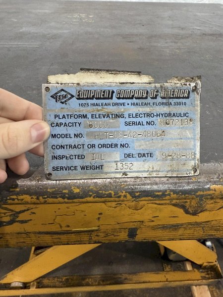 6,000 LB X 48" X 64" ECOA MODEL HLT HYDRAULIC LIFT TABLE. STOCK # 1009124