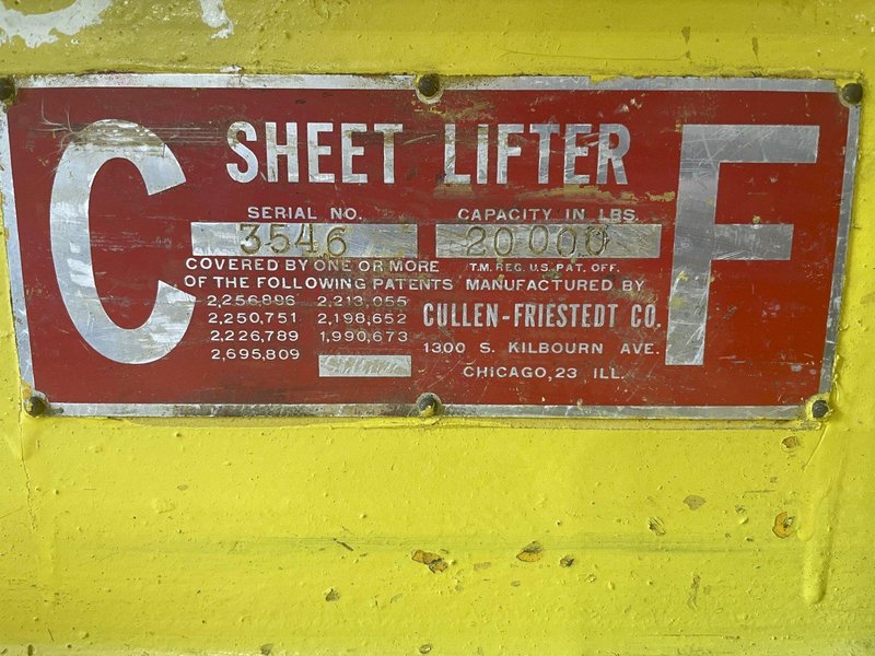 20,000 LB X 84" X 32" TO 62" WIDE CF CULLEN FRIESTEDT ADJUSTABLE PARALLELOGRAM SHEET LIFTER: STOCK #20437