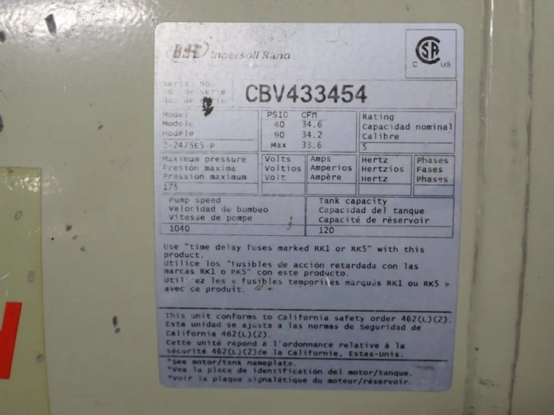 Ingersoll Rand (2) 3//5 Hp Air Compressor - 2-2475es-p
