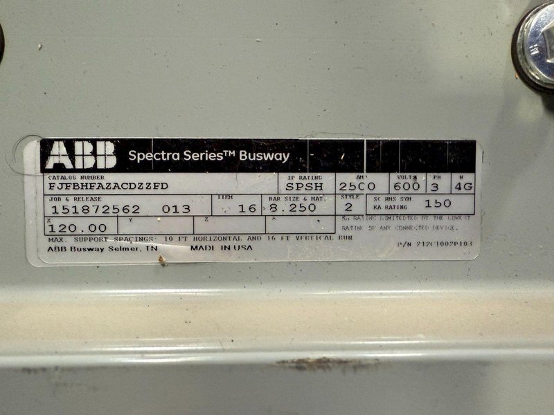 ABB 2500A Spectra Series 10′ Straight Length Copper Busway SPSH, 600V, 4G NEW