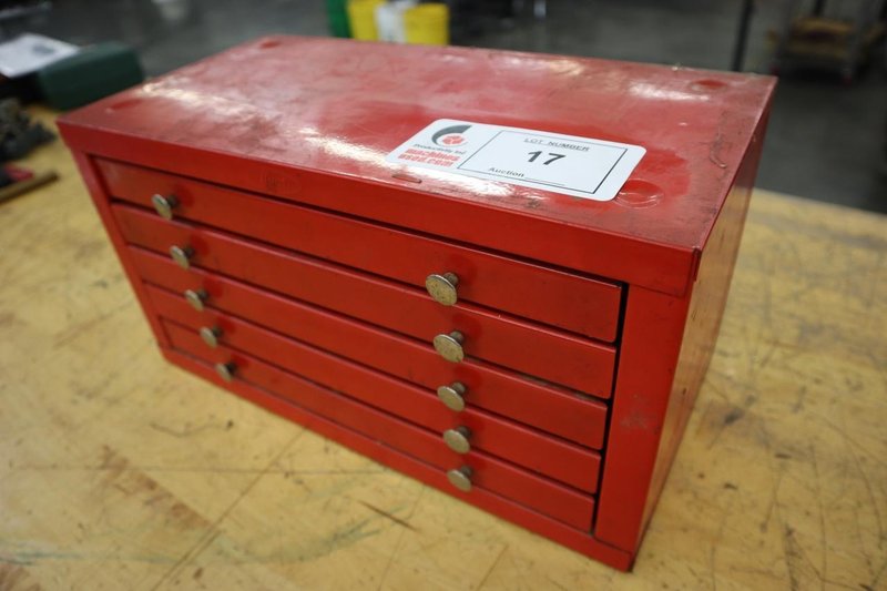 Huot Index (5) Drawer with Taps, Reamers, Insert Cutters, Boring Tools, etc..- Auction Item