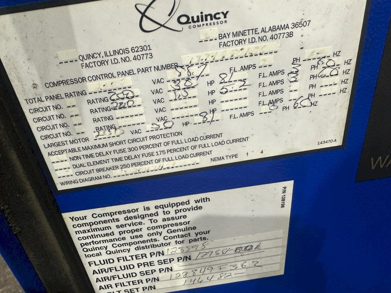 30 HP QUINCY ROTARY SCREW AIR COMPRESSOR: STOCK #79314
