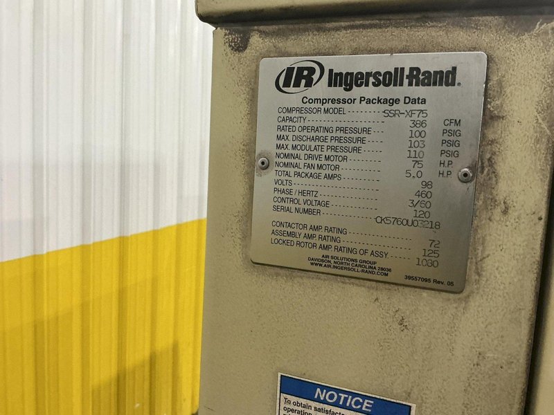 75 HP INGERSOLL-RAND MODEL #SSR-XF75 ROTARY SCREW AIR COMPRESSOR: YOBRO #25149