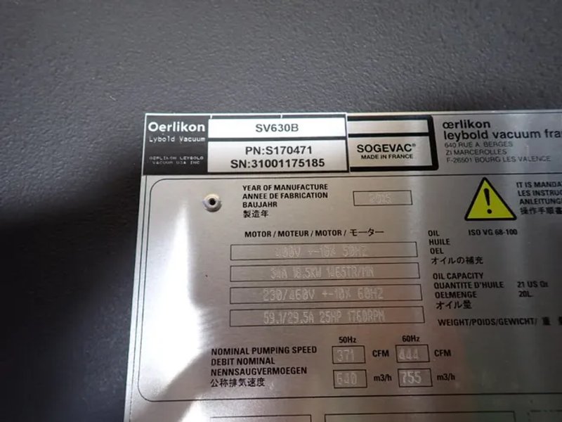 Oerlikon Leybold 25 Hp Vacuum Pump - Sv630b