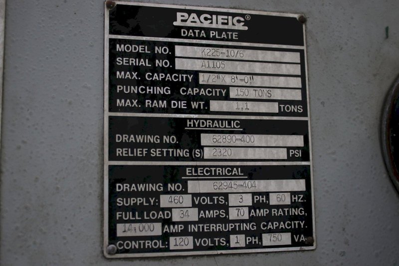225 TON X 10' PACIFIC HYDRAULIC PRESS BRAKE: STOCK #76324