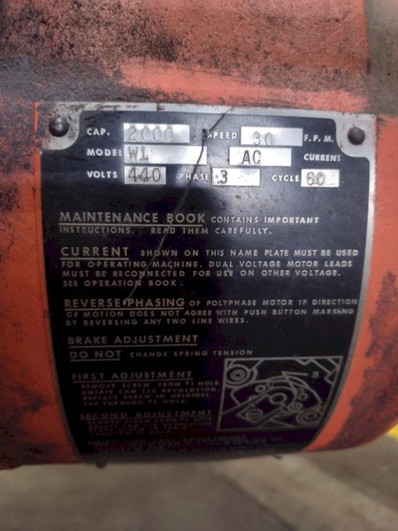 2000 LBS (1 TON) WRIGHT MODEL #W1 CABLE HOIST W/ POWERED TROLLEY: STOCK #18743