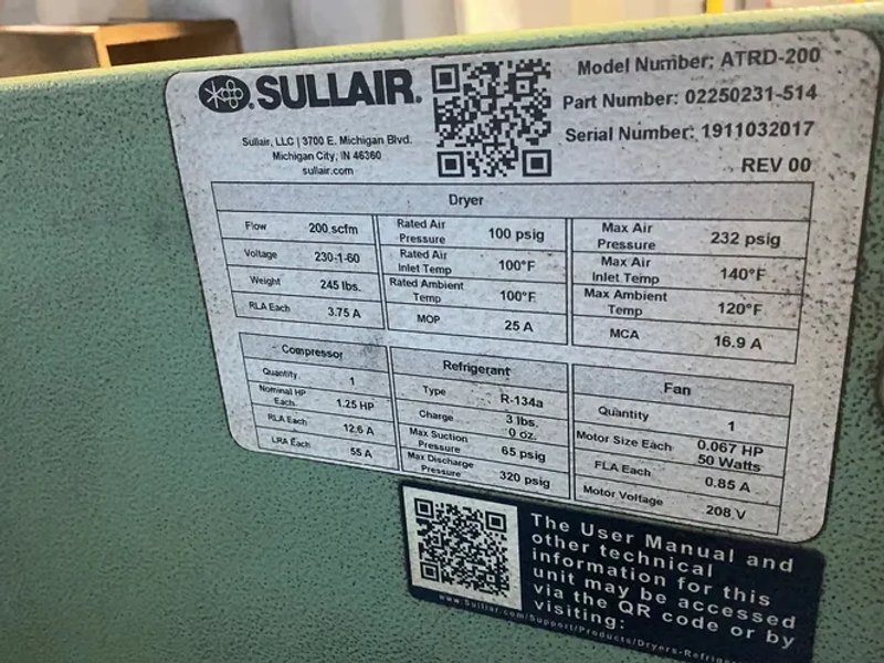 Sullair  200 Scfm Air Dryer  - Atrd-200