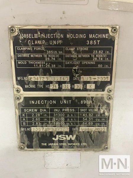 385 TON 23.2 OZ JSW MODEL J385ELII ELECTRIC INJECTION MOLDING MACHINE MFG 2005