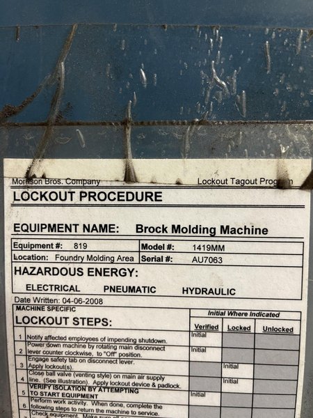 2008 Brock 14 x 19 semiautomatic molding machine model 1419mm, s/n au7063, Allen Bradley compact logic l32e plc controls with panel view, light curtain, bottom boards