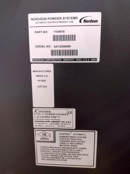 NORDSON POWDER COAT PAINT SYSTEM WITH FEEDER &amp; I-CONTROL. STOCK # 0985326