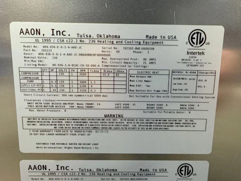 Aaon Dandelion Heat Pump - Wva-036-e-0-1-4-aa0-jc