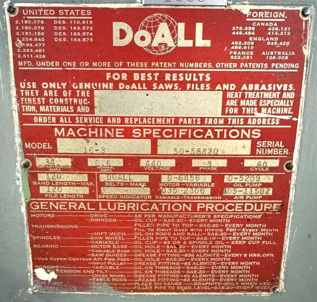 16" Doall Vertical Band Saw 16-3, 6000 FPM, Hyd. Table Feed, 3 HP
