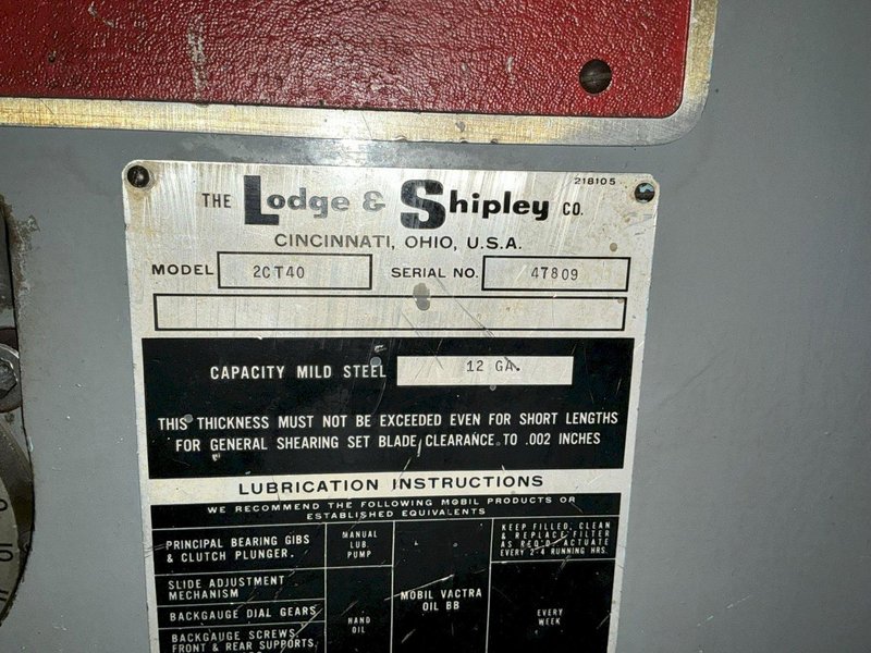 40"  x 12 GA LODGE &amp; SHIPLEY MODEL #2CT40 MECHANICAL POWER SHEAR: YOBRO #25139