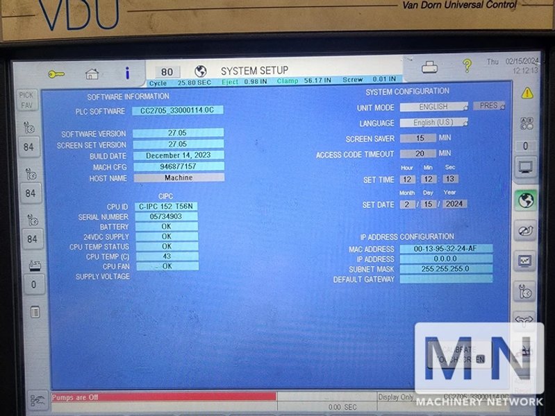 3300 TON 604 OZ VAN DORN MODEL 3300CC37000 CALIBER INJECTION MOLDING MACHINE MFG 2003
