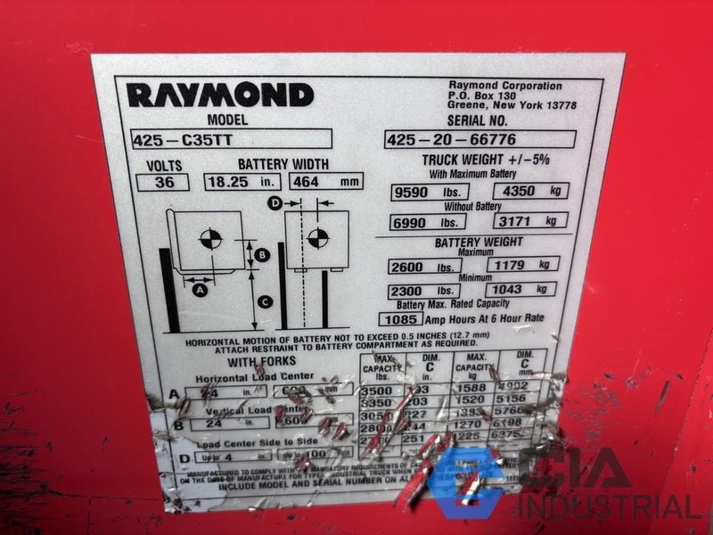2020 - 3,500 LB. RAYMOND MODEL 425-C35TT STAND-UP ELECTRIC FORKLIFT