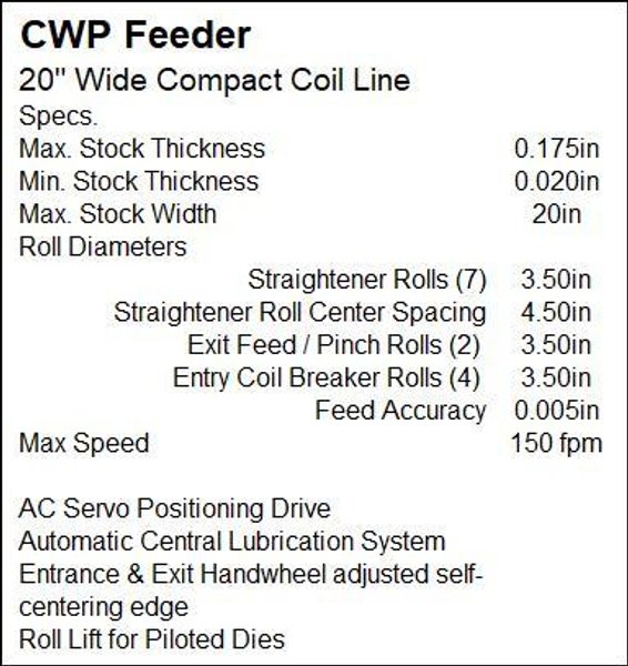 18” X .175”  CWP MODEL #SFAC4-20 SPACE-SAVER AUTOMATIC DOUBLE END SERVO COIL FEED LINE: STOCK #22211