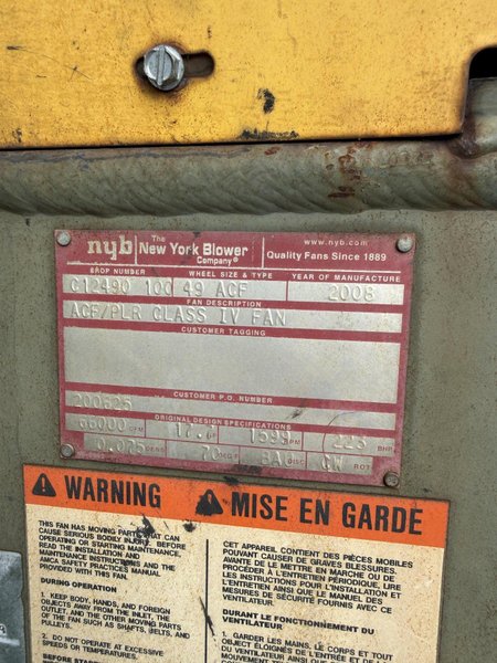 IVI model PA16x24x144 Top access pulse bag dust collector s/n 217354 with Worldwide 150 hp motor and 2008 New York blower model 49 ACF rated at 66,000 cfm, ACF/PLR class IV fan, screw conveyor discharge, controls, (note: being used at 44,000 cfm