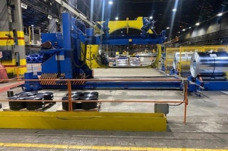 80" OD SAMUEL STRAPPING MEC DAGI 1800 AUTOMATED COIL WRAPPING MACHINE