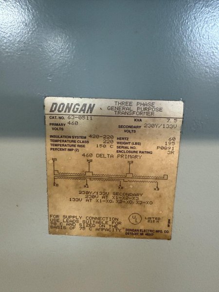 7.5 kVA DONGAN 63-0511 TRANSFORMER. STOCK # 0672725