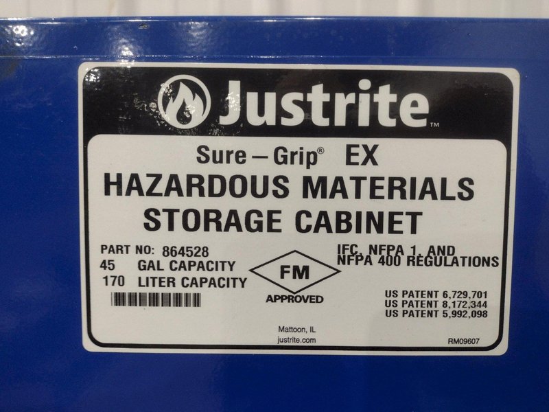 2 DOOR JUSTRITE HAZARDOUS MATERIALS STORAGE CABINET, 43” X 18” X 65” HIGH: YOBRO #24504