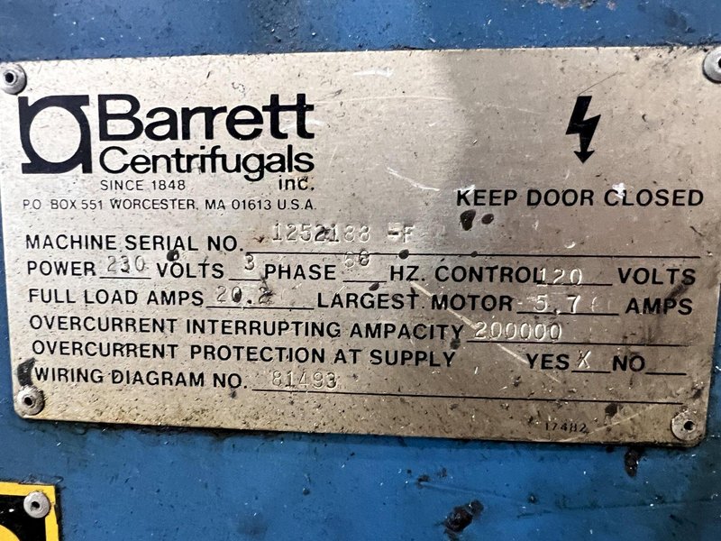2 HP BARRETT MODEL #125 CLARIFUGE 3600 RPM CHIP SPINNGER WRINGER CENTRIFUGE: STOCK #23459