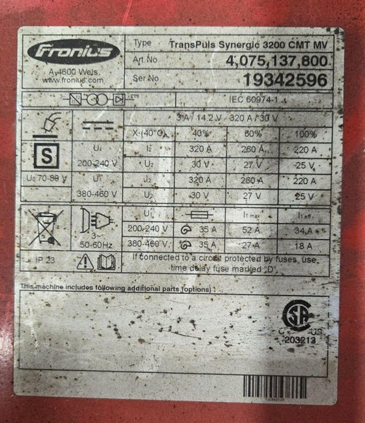 FRONIUS TRANSPULS SYNERGIC 3200 CMT WELDER 4075137800  USED