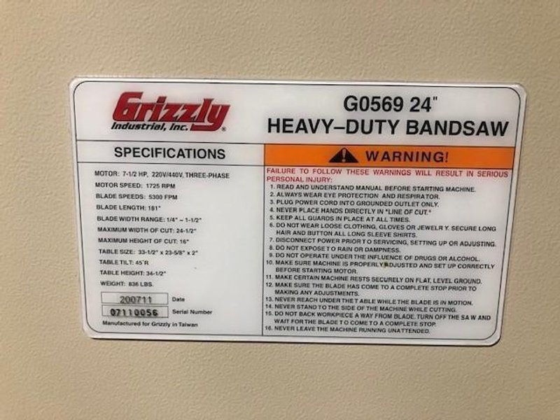 Grizzly G0569 24" 7-1/2 HP 3-Phase Industrial Bandsaw STOCK # 2784