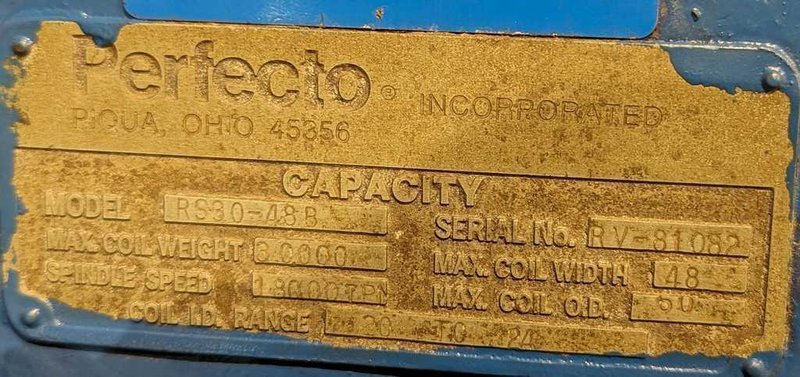 30,000# X 48" PERFECTO UNCOILER WITH COIL CAR &amp; HOLD DOWN  STOCK #3646