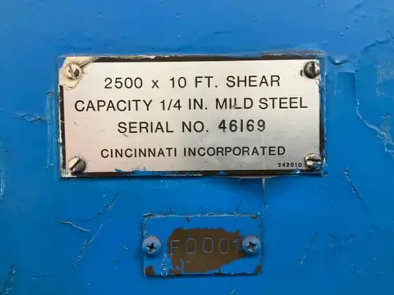 10' X 1/4" CINCINNATI CNC HYDRAULIC POWER SQUARING SHEAR.  STOCK # 1006925