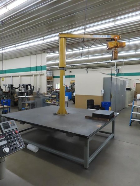 Overhead Hoist &amp; Crane Specialists Heavy Duty Steel Mold Table with Overhead Hoist System, Contrex Model B586 1/4 Ton Jib Cane w  2 Ton Electric Chain Hoist, I Beam, Trolley- Auction Item
