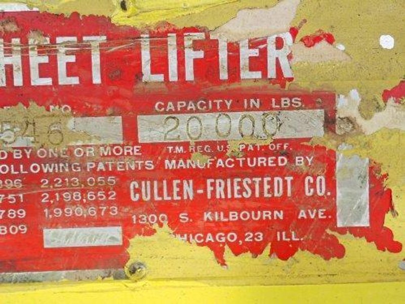 20,000 LB X 84" X 32" TO 62" WIDE CF CULLEN FRIESTEDT ADJUSTABLE PARALLELOGRAM SHEET LIFTER: STOCK #20437