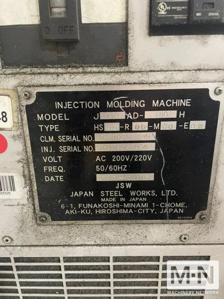 121 TON 4.3 OZ JSW MODEL J110AD-180H ELECTRIC INJECTION MOLDING MACHINE MFG 2005