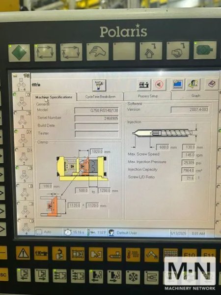 825 TON 269 OZ HUSKY MODEL G750RS`140/130 INJECTION MOLDING MACHINE MFG 200/2002 (2) AVAILABLE