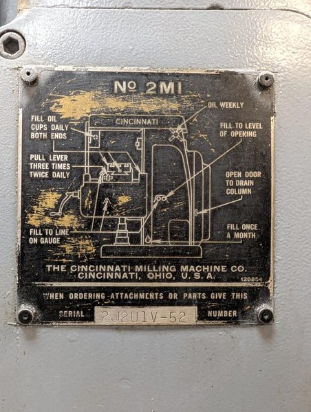 CINCINNATI NO.2 MI HORIZONTAL MILL. STOCK # 1088226