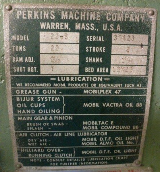 22 TON PERKINS No. 22-S, 2" Str., 7" S.H., 22" x 12" Bed, V-Speed 100-400 SPM, Clean