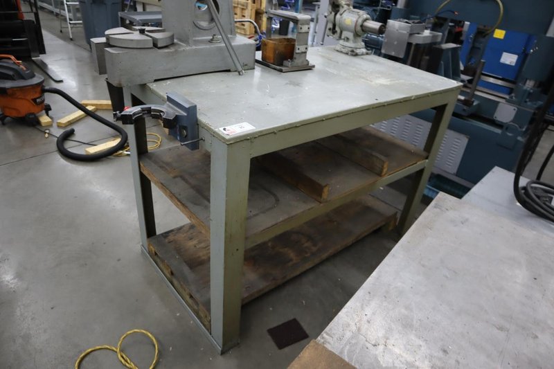 Arbor Press, E-Z Tapper and Bench Vise on Steel Table- Auction Item