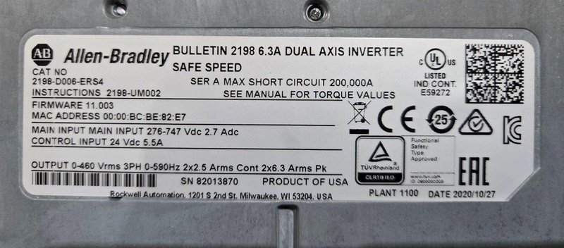 ALLEN BRADLEY 2198-D006-ERS4 DUAL AXIS INVERTER USED