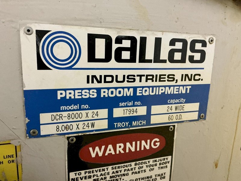 8,000 LBS X 24" X .125" DALLAS UNCOILER COIL REEL, MOTORIZED STRAIGHTENER - FEED LINE: YOBRO #24808