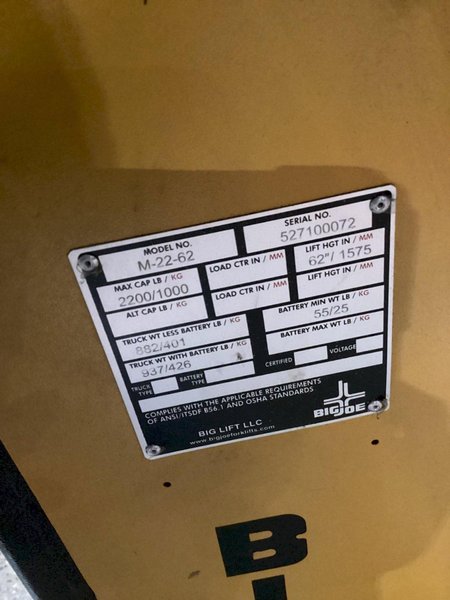 BIG JOE M-22-62 2200 lbs Capacity Electric Pallet Jack USED