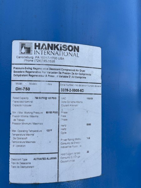 Hankison model dh-750 760 scfm, regenerative air dryer s/n 3339-2-9908-6d