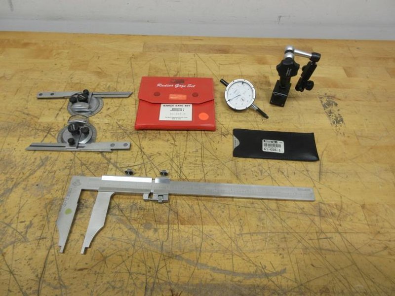 Etalon 14" Vernier Caliper, (2) Mitutoyo Protractors, Fowler 1" Travel Indicator, Mag Base Indicator Holder, SPI Radius and Surface Finish Gages- Auction Item